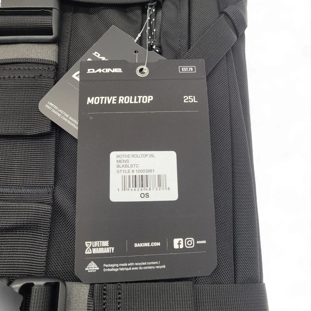 DaKine 25L Roll-Top Backpack – Black‎ Ballistic Nylon – 19x13x6 Laptop Bag